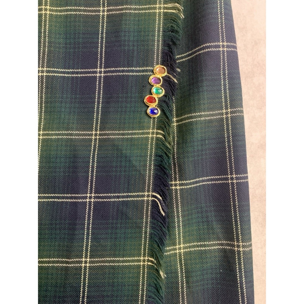 Talbots Wool Blend Long Wrap Maxi Skirt Green Tartan Plaid Italian Size 12 - Picture 2 of 8